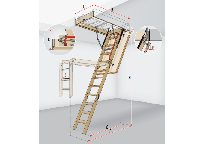 Escalier Bois 70x120cm LWS Plus 280cm FAKRO escamotable pour grenier pièce