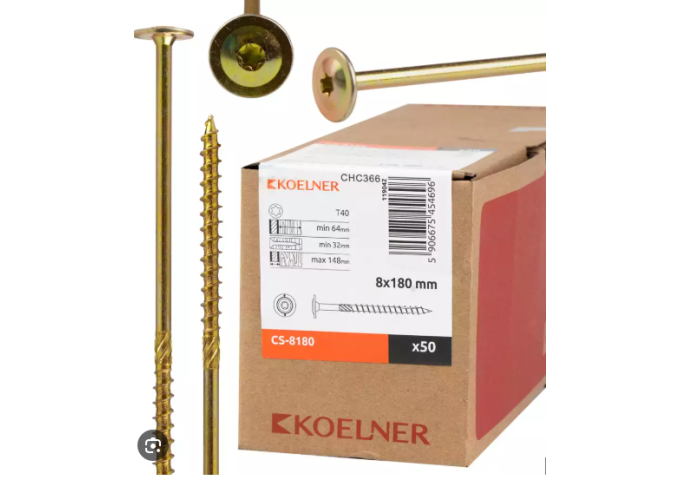 Vis à bois CS 8x180mm GRANDE TETE Torx 40 Koelner 50pièces