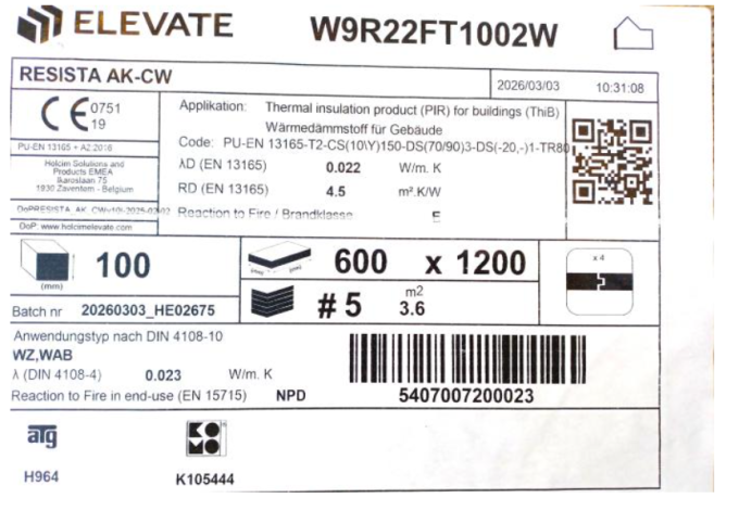 Isolant PIR 10cm Elevate RESISTA AK.CW ALU 0022 T&M 1200x600mm pur Panneau 0.72m²